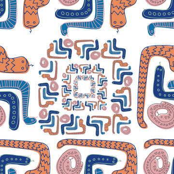 Seamless vector pattern with decorative colorful ornament with snakes on white