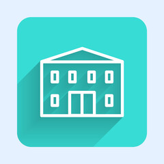 White line School building icon isolated with long shadow. Green square button. Vector Illustration.