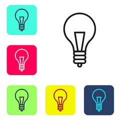Black line Light bulb with concept of idea icon isolated on white background. Energy and idea symbol. Inspiration concept. Set icons in color square buttons. Vector Illustration.