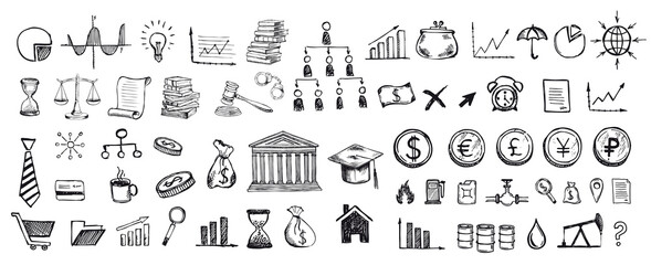 Hand drawn business symbols. Management concept with Doodle design style.