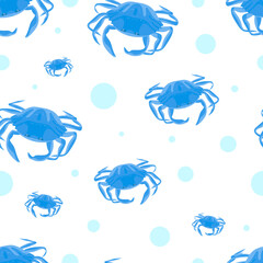 Seamless pattern with blue crabs and water bubbles on white background. Colorful ocean and sea creatures.