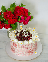Burgundy stencil cake with roses for 30th anniversary