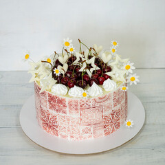 Burgundy stencil cake with roses for 30th anniversary