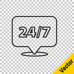 Black line Clock 24 hours icon isolated on transparent background. All day cyclic icon. 24 hours service symbol. Vector Illustration.