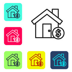 Black line House with dollar symbol icon isolated on white background. Home and money. Real estate concept. Set icons in color square buttons. Vector Illustration.