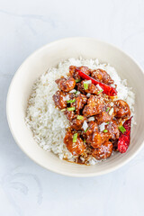 Vertical Photo of General Tso's Chicken with Rice Top View