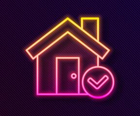 Glowing neon line House with check mark icon isolated on black background. Real estate agency or cottage town elite class. Vector Illustration.