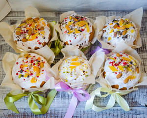 Easter cake holiday outlay with wooden decoration