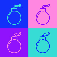 Pop art line Bomb ready to explode icon isolated on color background. Vector Illustration.