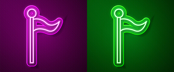 Glowing neon line Flag icon isolated on purple and green background. Location marker symbol. Vector Illustration.