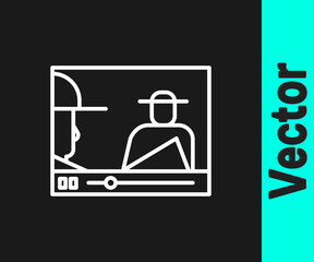 White line Online play video icon isolated on black background. Film strip with play sign. Vector Illustration.