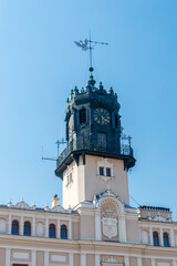 Fototapeta na wymiar Clock on Tower on Town Hall in Jaroslaw, Poland.