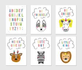Cute nursery posters set. Scandinavian style alphabet with funny animals and quotes. Hand drawn vector. Kids wall art, prints, baby shower, greeting cards, birthday card, t-shirt. Modern illustration.