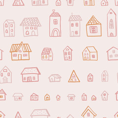 Vector seamless pattern with houses in doodle style. Stylish background for a nursery on brown background.
