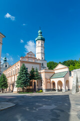Fototapeta na wymiar Square with Tower of the former Jesuit college in Jaroslaw, Poland.