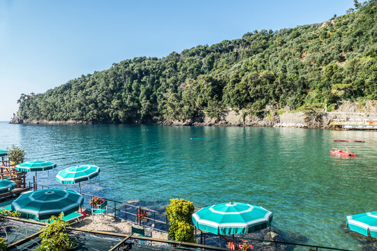 The bay of Paraggi in Portofino with green and transparent water
