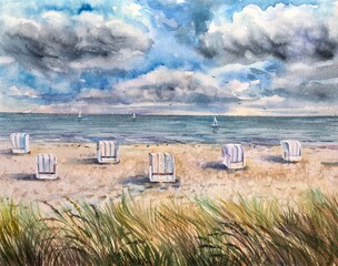 Watercolor Baltic Sea beach.  Chairs on an empty sandy beach on the sea. Clouds over a clear lake. Beach chairs, sunbathing. Summer view. Design element. 