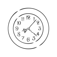 Wall clock in a line drawn style on a white background, wall clock, vector sketch illustration
