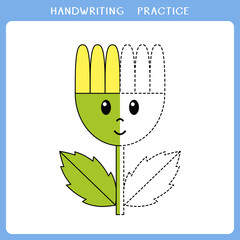 Handwriting practice sheet. Simple educational game for kids. Cute flower for coloring book
