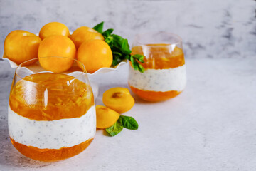  Delicious yogurt dessert with Chia berries, yellow plum jam and jelly. Healthy Breakfast, light snack. Copy space. Horizontal.