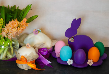 Easter cake holiday outlay with wooden decoration