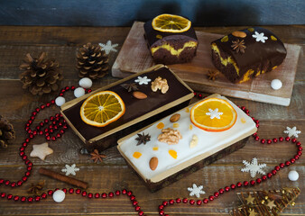 Chocolate orange Christmas  cake with fir tree and other decoration