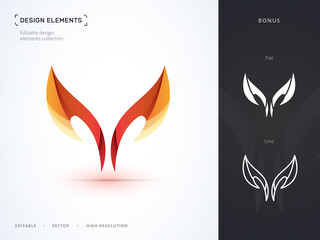 Abstract vector logo design, letter W and V. Origami, flame, line art, flat style