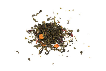  Leaves of Chinese Dry Tea Top Grade with Goji Berries and Powdered Acai on White Background