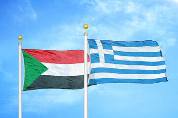 Sudan and Greece two flags on flagpoles and blue sky