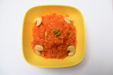 Top view of Gajar ka Halwa or Carrot halwa a popular Indian, Pakistani sweet dish dessert