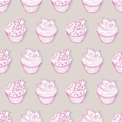 Seamless pattern of hand drawn outline cupcakes shadow background design