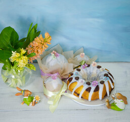 Easter cake holiday outlay with wooden decoration