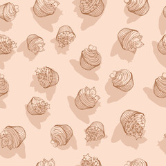 Seamless pattern of hand drawn outline brown cupcakes shadow background design
