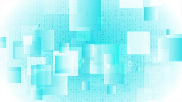 Bright blue glossy squares abstract technology motion background with binary code. Seamless looping. Video animation Ultra HD 4K 3840x2160