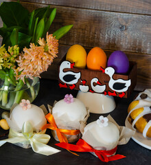 Easter cake holiday outlay with wooden decoration