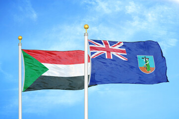 Sudan and Montserrat two flags on flagpoles and blue sky