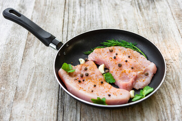 Raw steak with seasonings is in a frying pan on a wooden table