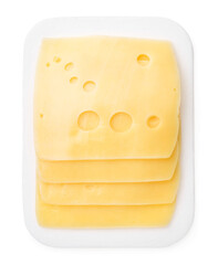 Sliced cheese in pieces in package on white background, isolated. The view from top