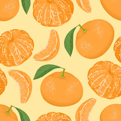 Mandarins or tangerines seamless pattern. Orange citrus and green leaves, peeled fruits and slices. Vector illustration in cartoon flat style. Food background.