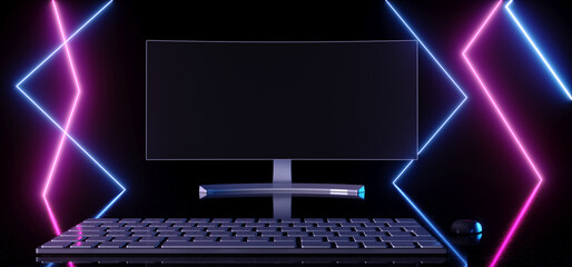 Sci Fi Futuristic Reflection Keyboard Mouse Blue Violet Green Purple Neon Laser Glowing Gaming Room Light Showcase Closeup Ground Cement Background 3D Rendering