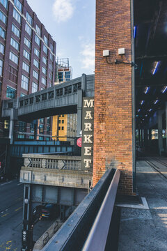 Market neon sign seen from High Line in Chelsea. New York City.