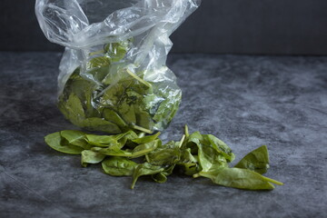 Spoiled  spinach is in a plastic bag on a dark background. Concept. Polluting to store vegetables...