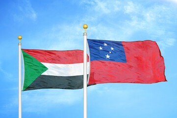 Sudan and Samoa two flags on flagpoles and blue sky