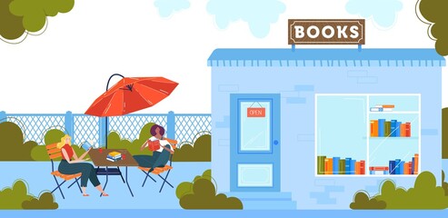 People read books flat vector illustration. Cartoon happy reader woman characters sitting at tables of outdoor street cafe near bookshop, booklover student girls reading paper literature background