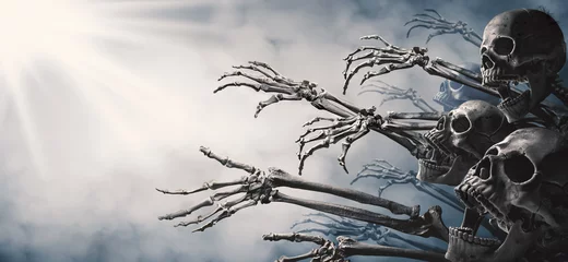 Foto op Plexiglas Zombie skeleton hand rising in dark Halloween night. © chaiyapruek