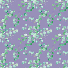 Watercolor green floral seamless pattern with eucalyptus. Hand painted pattern with branches eucalyptus. For design or background