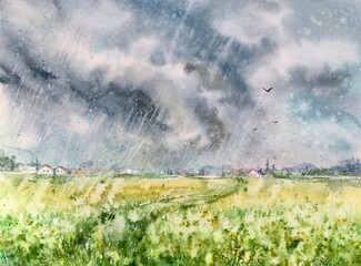 Watercolor  squall with rain. Summer landscape with large wheat field and road. Thunderstorm with rain on the background. Tornado, storm, rainy weather.  Copy space. Design element  for wallpaper. 