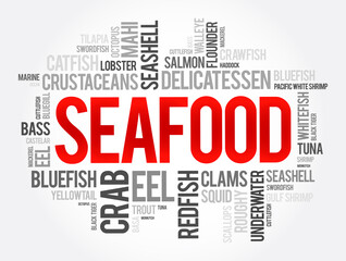 Seafood word cloud collage, food concept background