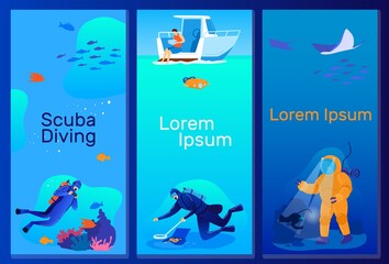 People diving vector illustration set. Cartoon flat scuba diver character dives in ocean or sea tropical nature, swimming with fishes in natural coral reefs, extreme underwater sport vertical banners