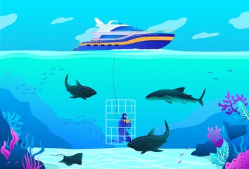 People diving vector illustration. Cartoon flat professional scuba diver character exploring ocean sea tropical wildlife, underwater nature, swimming with shark, extreme under water sport background